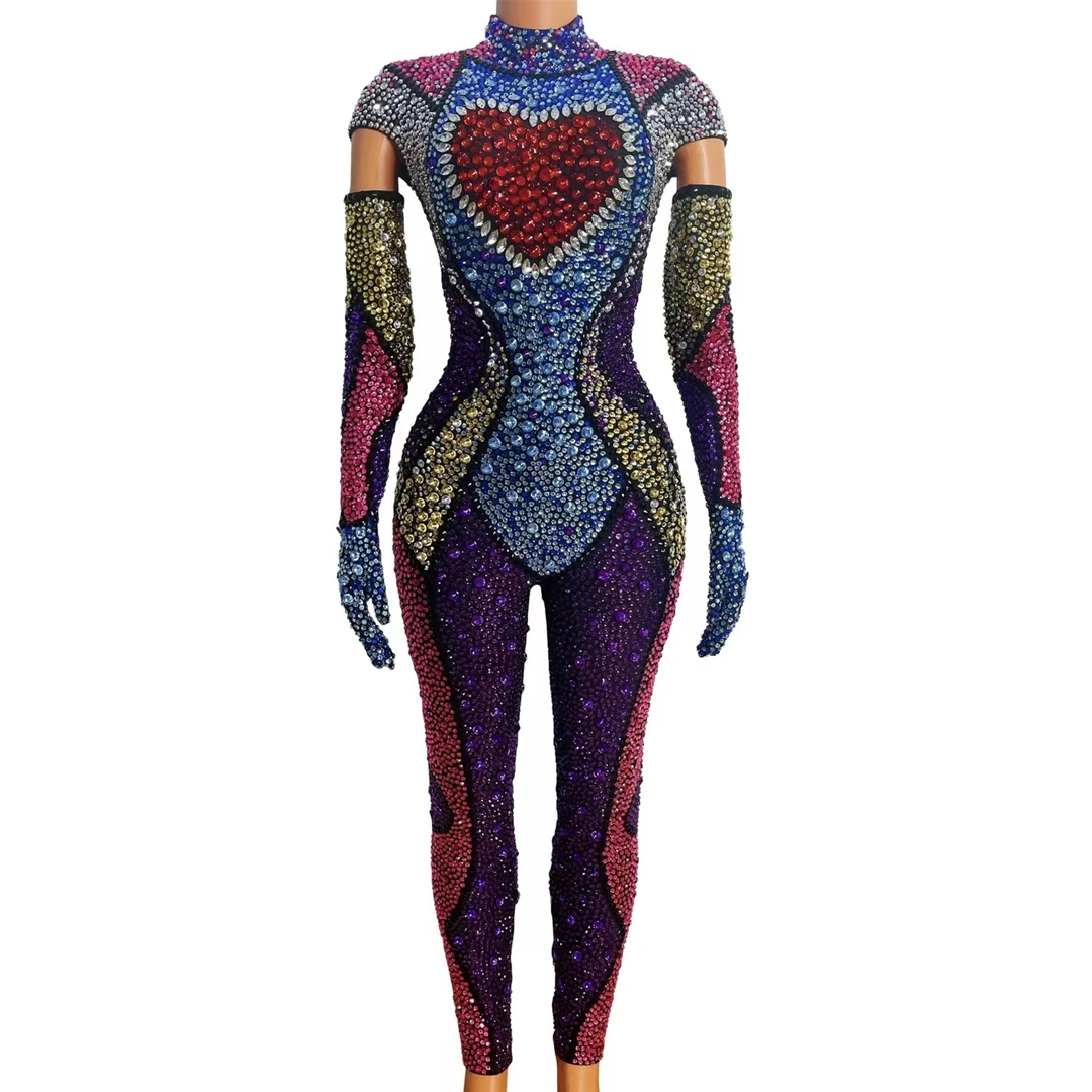 

Luxurious Full Colorful Rhinestones Jumpsuit Celebrate Outfit Evening Birthday Performance Stretch Costume Rompers