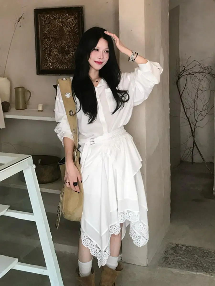 Conjunto de Camisa de Manga Larga y Falda a Media Pierna con Ribete de Encaje Irregular, Estilo Elegante, Colección Otoño, Ropa Casual para Mujer