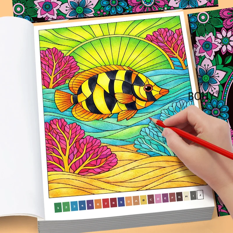 A Coloring Book for Adult Digital Zoning, Themes Such As Tigers, Parrots, Jungle Birds, Coral Fish, and Mandalas, 32 Pages