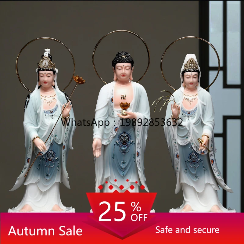 

LY Western Three Saints Buddha Statue White Jade Guanyin Bodhisattva Home Use Amitabha Buddha Statue