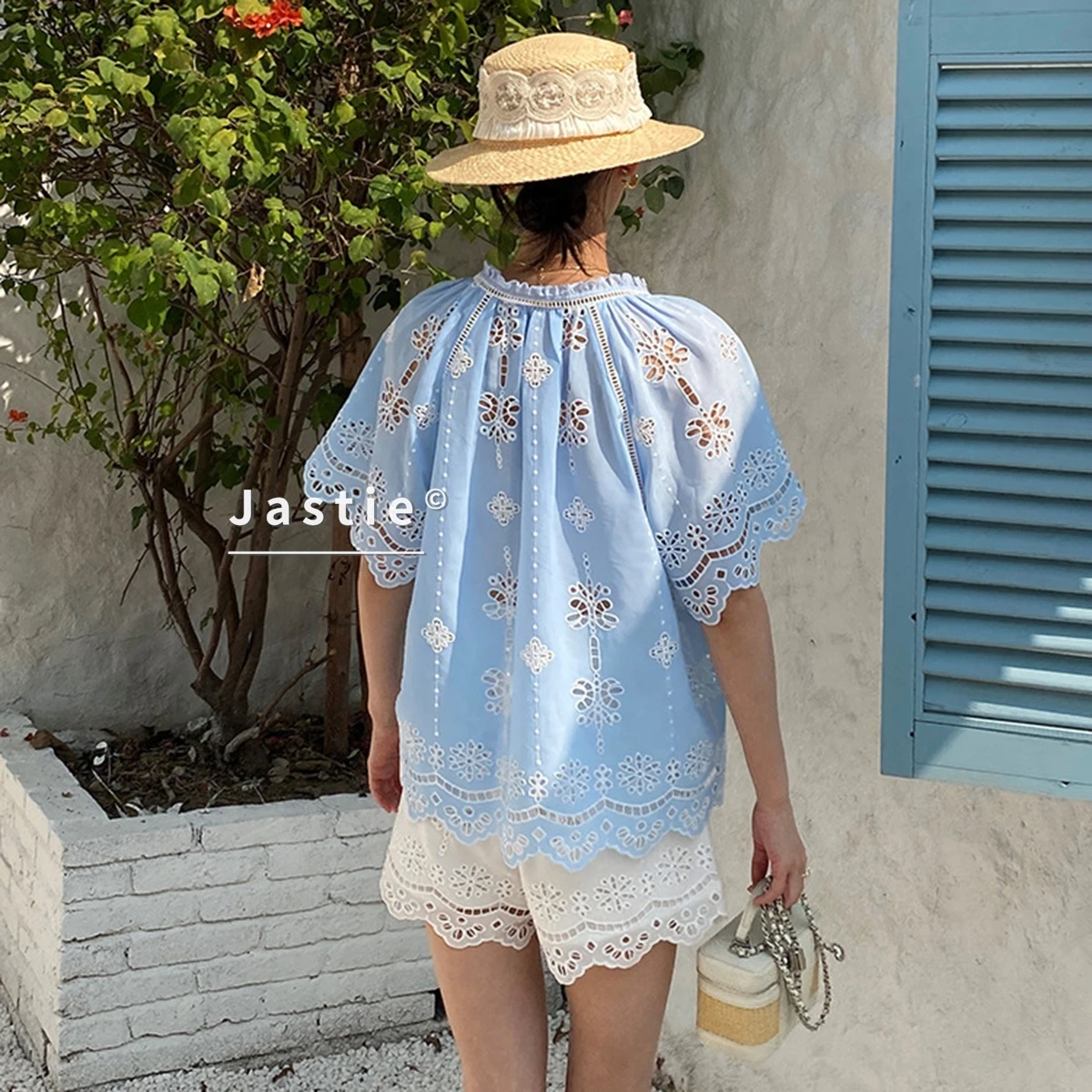 Luxury Blue Floral Eyelet Embroidery Blouse Women Ruffle V Neck Lace Up Tassel Top Scalloped Short Sleeve Summer Beach Shirts