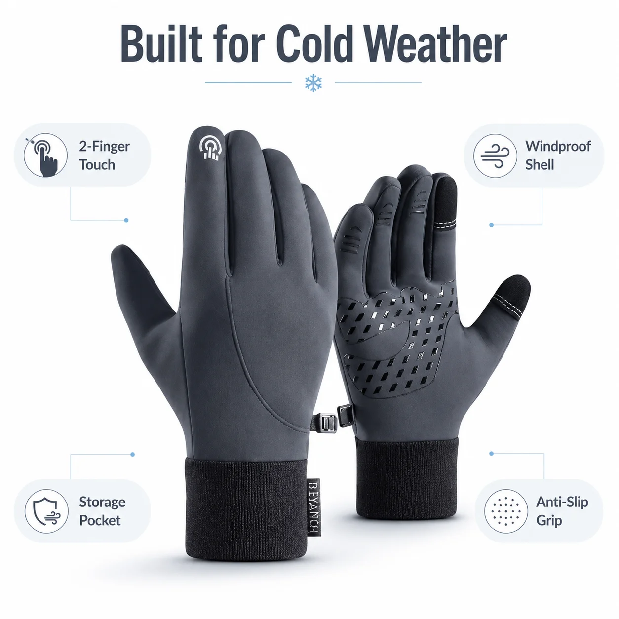 Graue Winterhandschuhe Touchscreen-fähig Warm Rutschfest Wasserdicht Winddicht Outdoor-Handschuhe für Radfahren Laufen Wandern – Detail 4