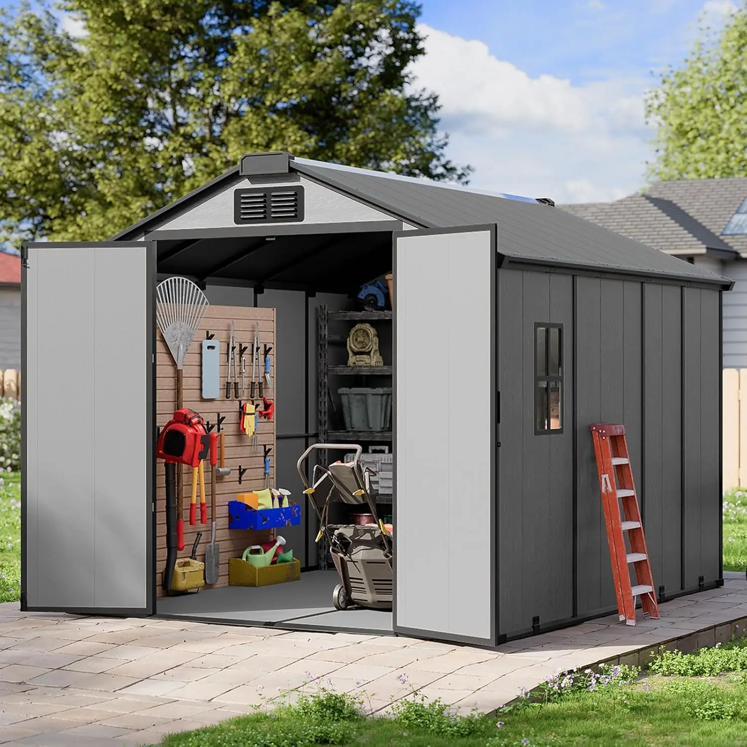 8x10 FT Resin Storage Shed with Floor Window & Vents Outdoor Garden Tool House, Customized