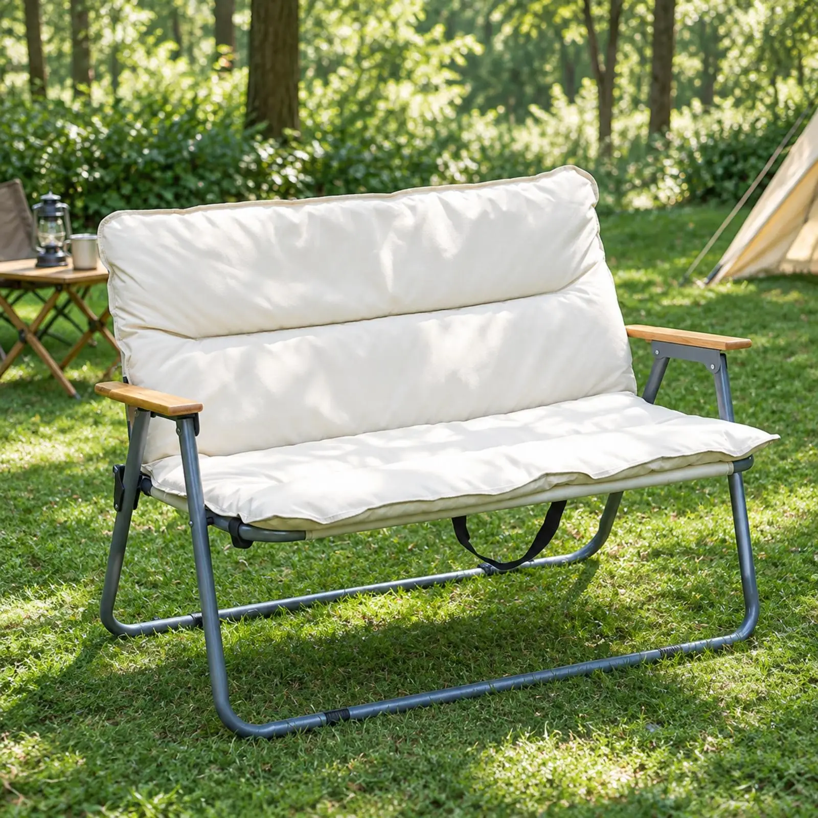 Double Reclining Lounge Chair Folding Patio Seat with Textile Backrest Wooden Armrests Portable for Camping Picnic Outdoor Relax