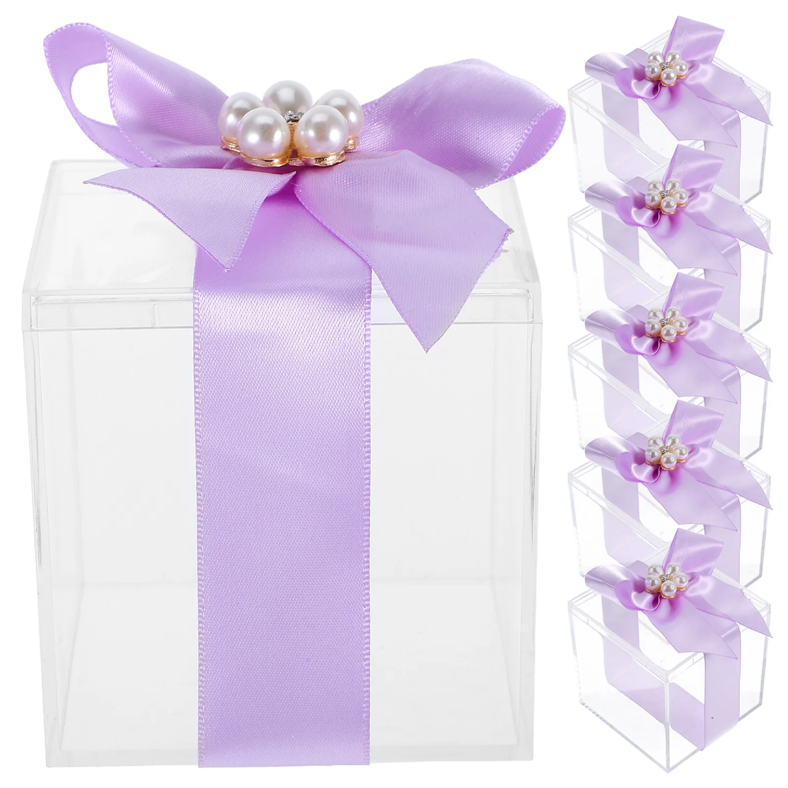 

6Pcs European Style Wedding Candy Box Transparent Clear Square Display Container with Elegant Bow Decoration for Party Favor
