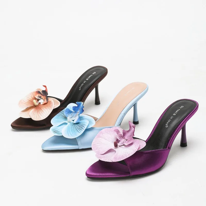 Summer Women High-heels Fashion Three-dimensional Flower Decoration High-heeled Cool Slippers Holiday Beach High-heeled Slippers