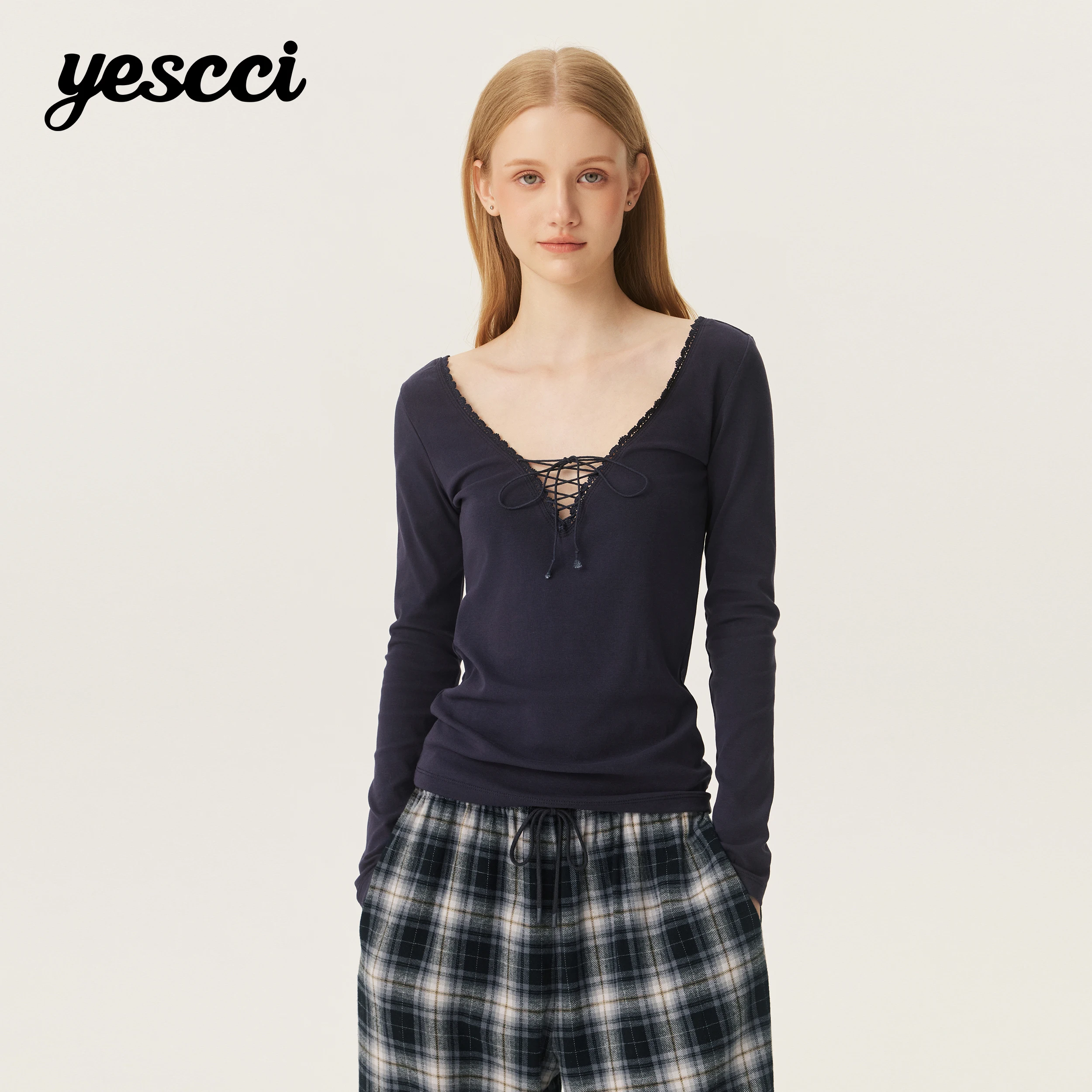 YESCCI Autumn T-shirt Adjustable Cutout Straps Delicate Lace Trim Neckline Women's Tee Shirt Casual Fitted Waist Tee Y226081029