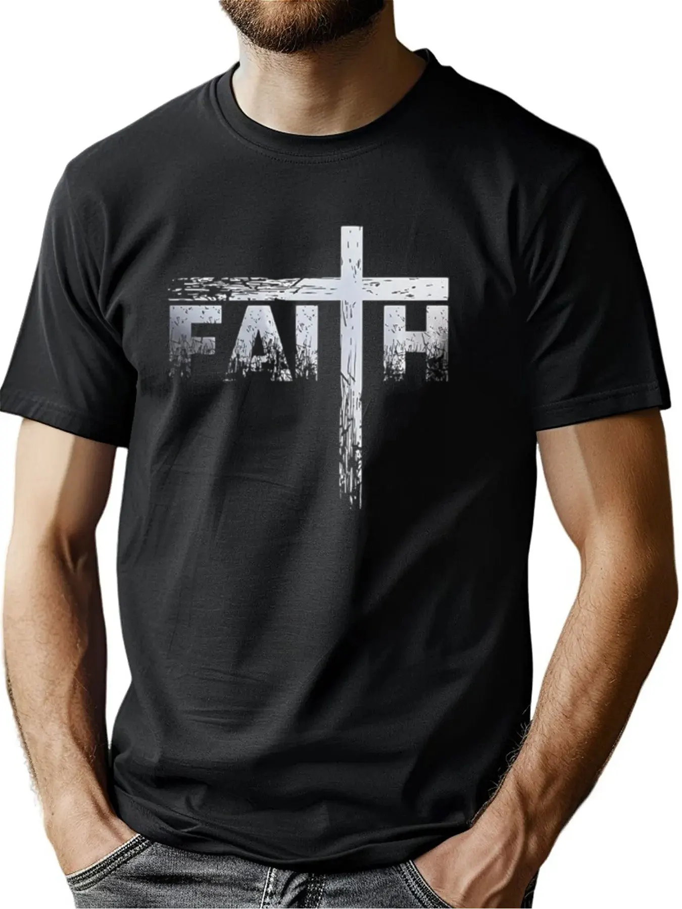 

Men's Soft Cotton Comfort T-Shirt With Faith Cross Print For Thanksgiving Gifts