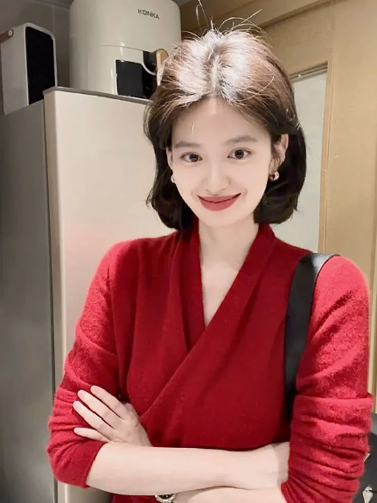 

Ele V-Ne вязаный свитер с перекрестным дизайном, повседневный длинный свек, уникальный топ, женский французский свободный крой, цвет