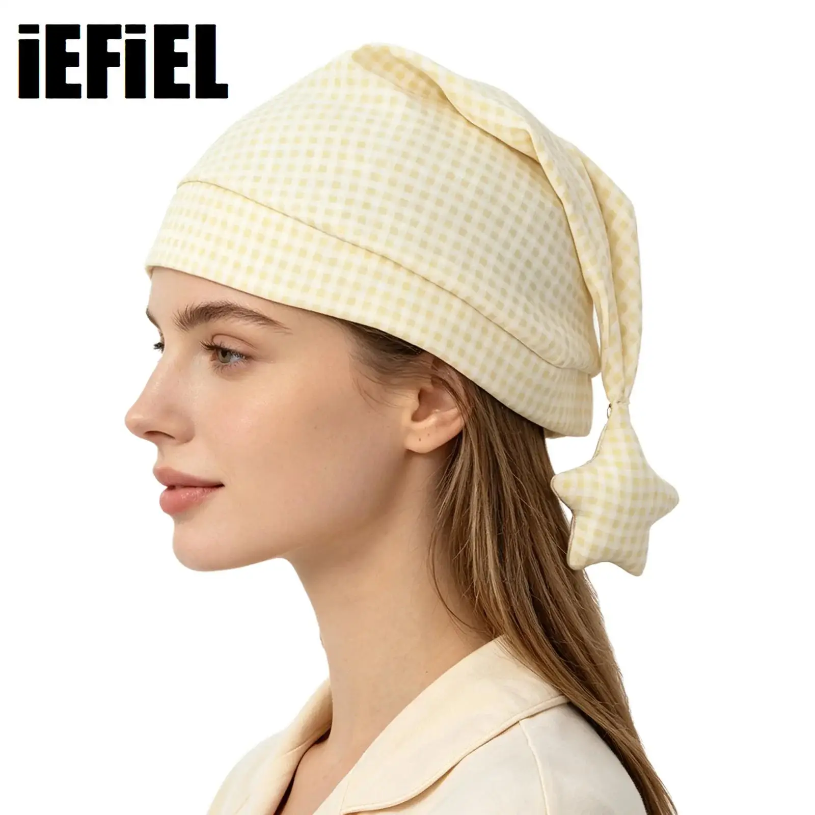 Women Printed Hat Nightcap Sleeping Hat with Star Pendant for Bedroom Travel Air-conditioned Room