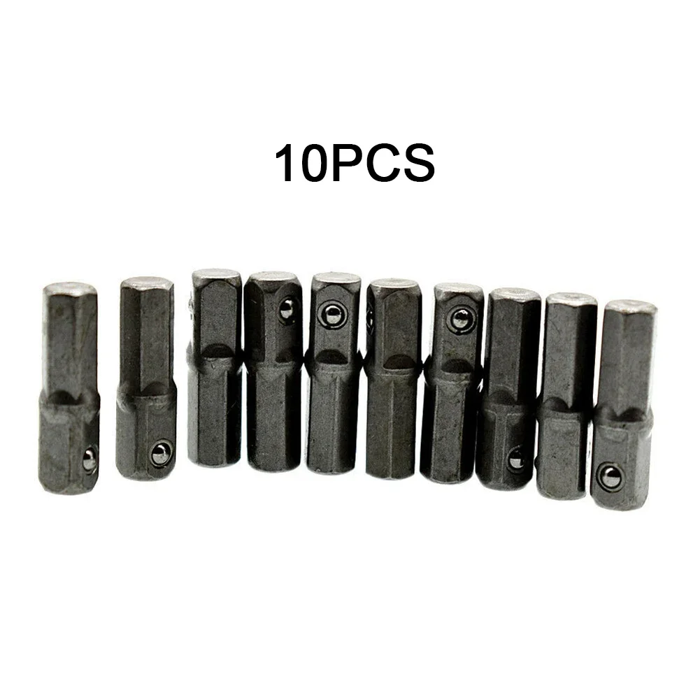 10pcs 1/4 Square Drive To 1/4 Hex Shank Impact Socket+1/4 Drill Socket Adapter Power Tool Hexagon Handle Adapter Converter Drill