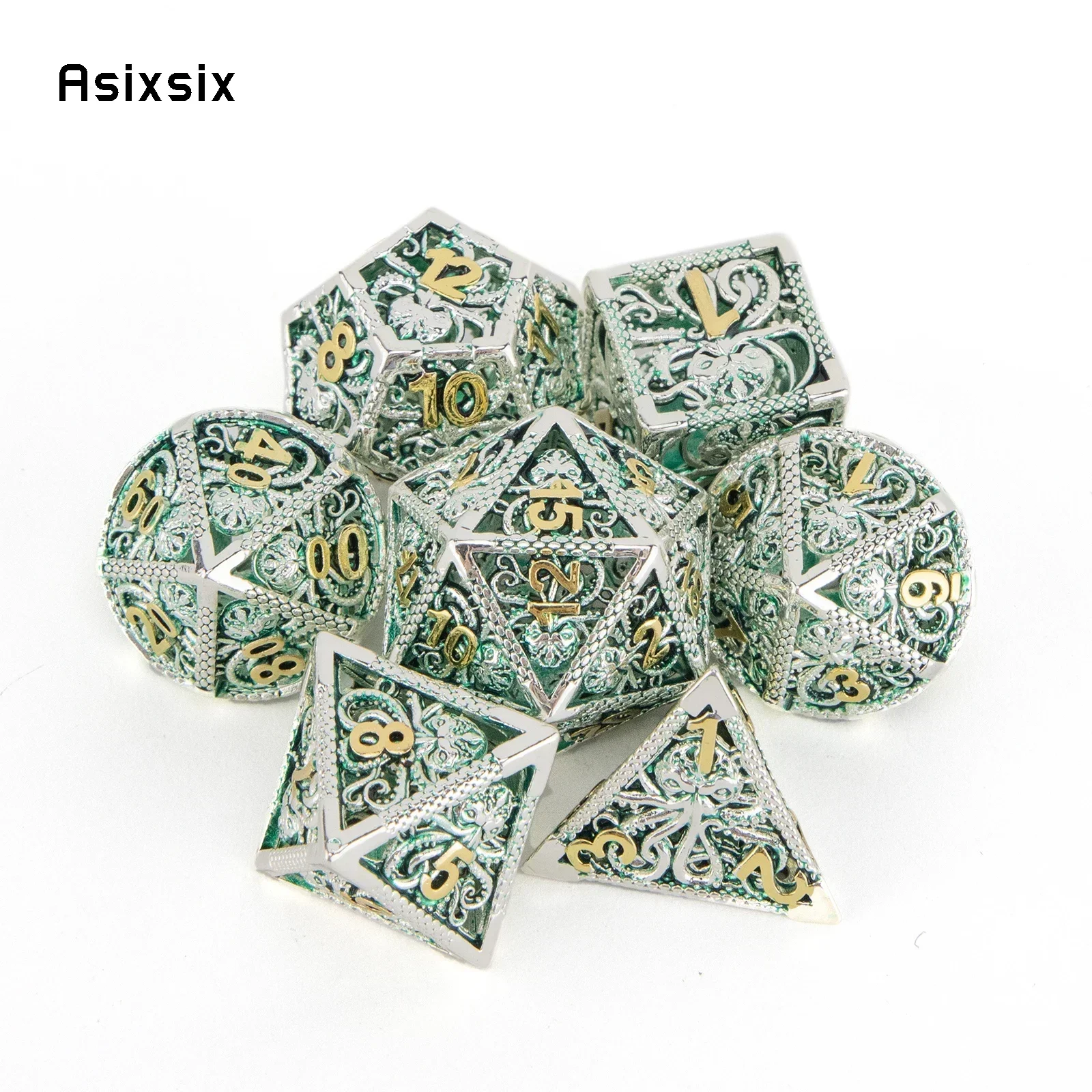 

7 Pcs Silver Green Squid Metal Dice Hollow Metal Polyhedral Dice Set Suitable For Role-Playing Dice PropBoard Game Gift