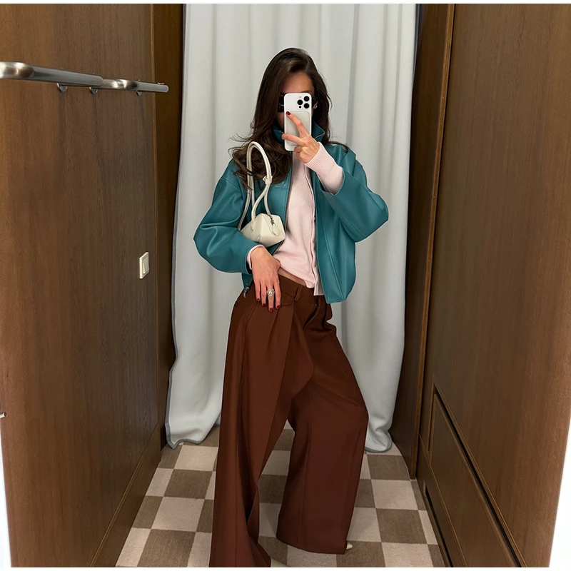 Women's Solid Faux Leather Jacket Stand Collar Zippers Long Wide Sleeves Cropped Coats 2026 Autumn Fashion All-match Streetwears