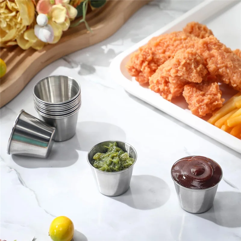 Wielorazowe miski ze stali nierdzewnej o pojemności 1,5 uncji, 24 szt. Metalowe kubeczki do sosów, miseczki na przyprawy, okrągłe pojemniki-AS97