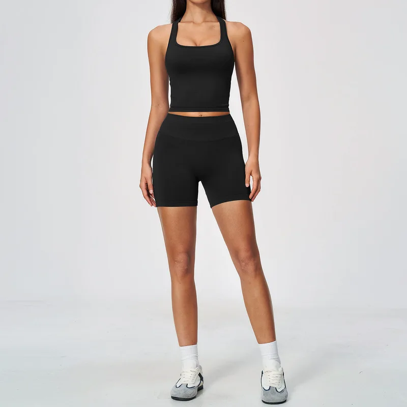 Women Seamless Yoga Sport Set Racerback Tank Top High Waist Butt‑Lift Shorts Quick Dry Breathable Gym Outdoor Workout Suit