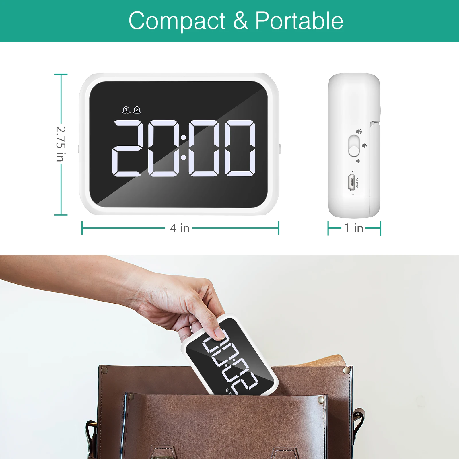 ORIA Reloj despertador LED con espejo USB – Alarma multifunción viaje