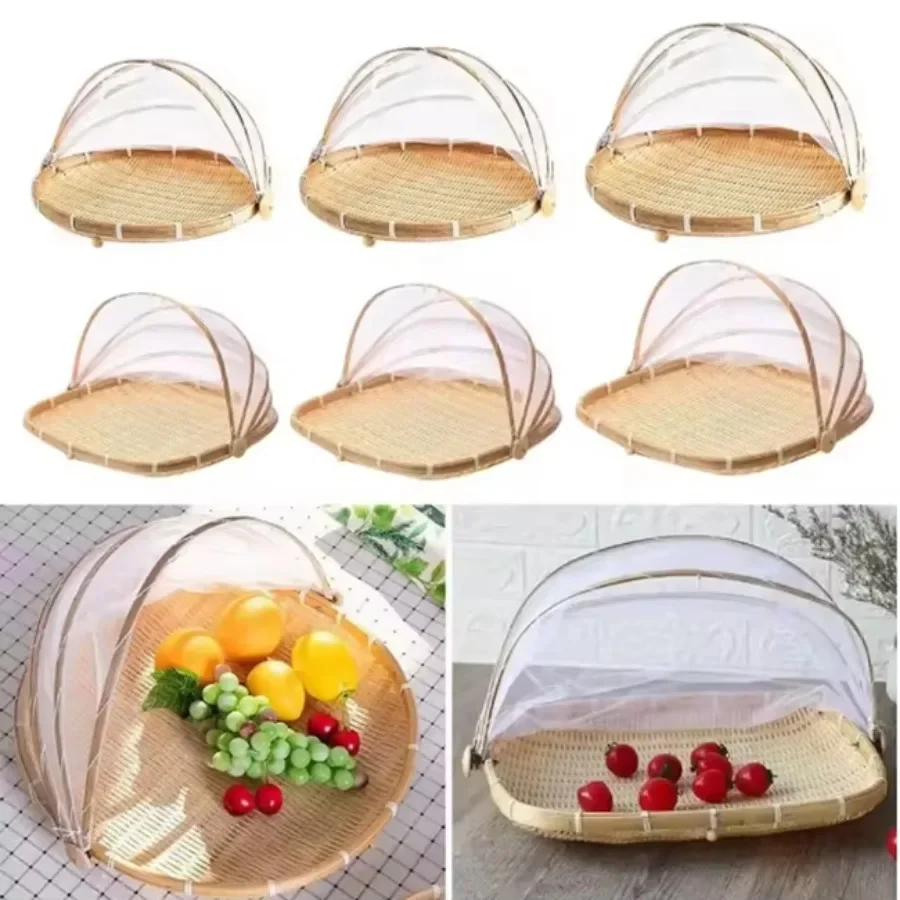

Bread Vegetable Food Tray Handmade Woven Dustproof Bug Proof Mesh Cover Tent Basket Storage Basket Drying Bamboo Fruit Baskets