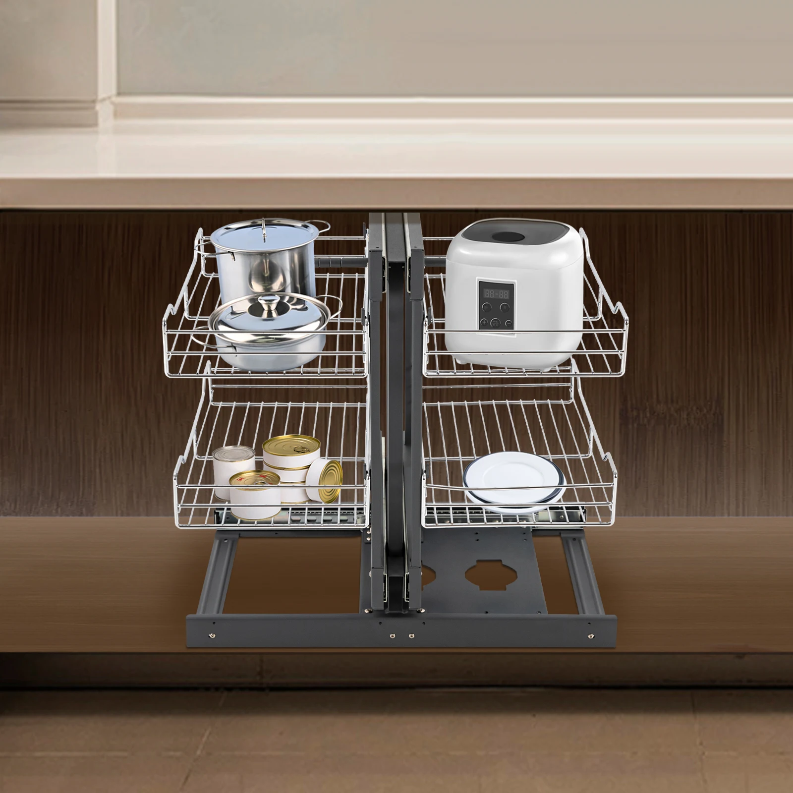 Blind Corner Pull-Out Cabinet Organizer, 2-Tier Storage with 4 Baskets, Smooth Sliding System, Space-Saving Design for Kitchen C