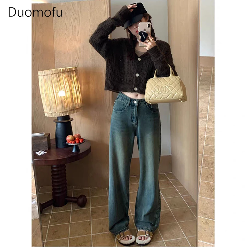 Duomofu American Distressed Chic Pocket Jeans larghi donna Vintage Classic Straight Casual Fashion Jeans Slim a vita alta femminili