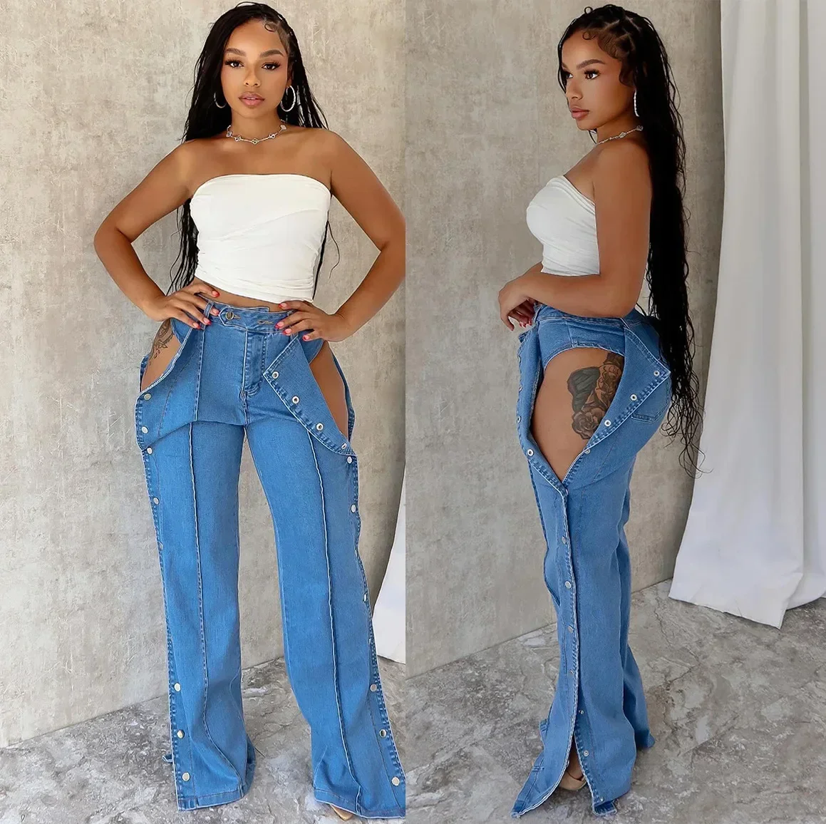 

Women's High-waisted Jeans Fashion Street Double-side Button-closed Casual Trousers for Women