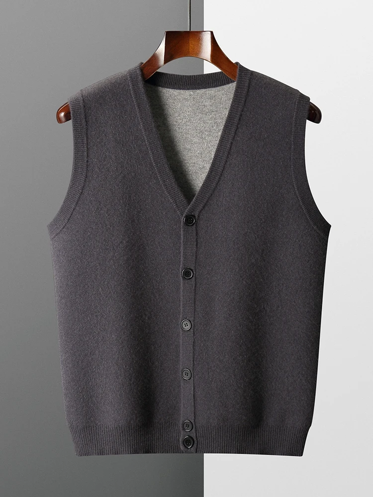 Men Cashmere V-neck Sweater Vest Cardigans Autumn Winter Basic Casual 100% Cashmere Knitted Soft Thick Sleeveless Waistcoat Tops