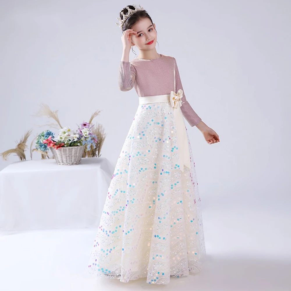 Vestido de manga larga de flores para niñas, vestido brillante con lentejuelas para fiesta de cumpleaños, vestidos de desfile, lazo para niños, vestido de dama de honor Junior 2022