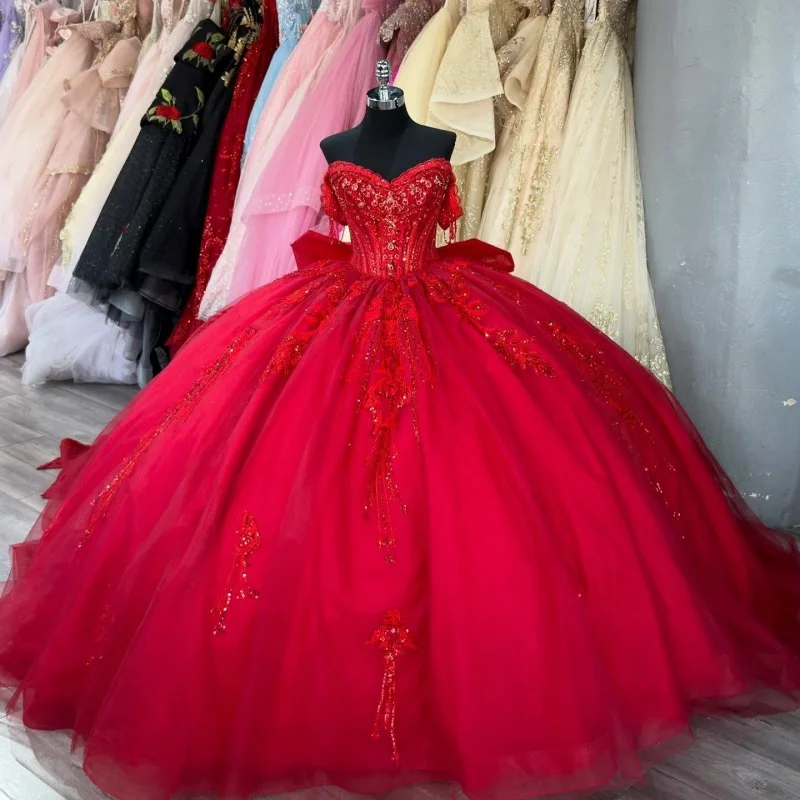 

Red Quinceanera Dresses Off the Shoulder Sequin Crystal Decal 3D Flower Long tail Bow Vestido De 15 Quinceanera Customize