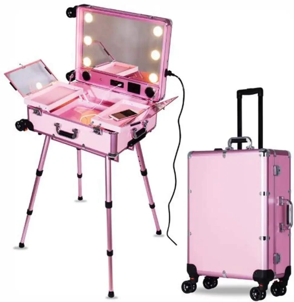 Portable Beauty Cosmetic Organizer Box with 6 Lights Trolley Artist Rolling Studio Makeup Case Table Station Pink