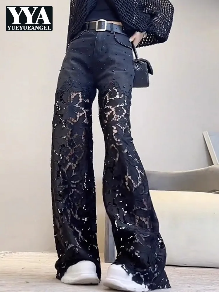 Summer New Women Sexy Lace Floral Crochet Spliced Denim Pants Beading Jeans High Street Long Trousers Loose Fit Wide Leg Pants