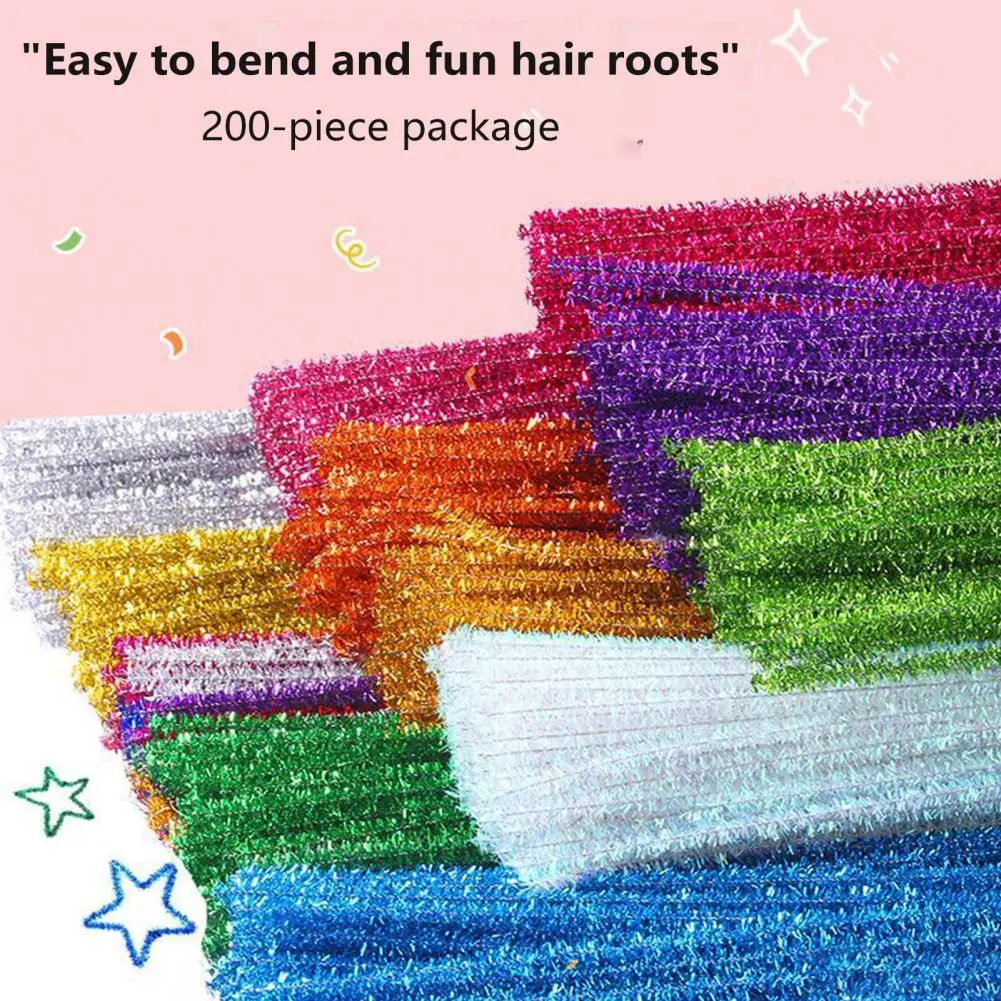 200Pcs Pipe Cleaners Colorful Art Craft Chenille Stems DIY Art Craft Glitter Chenille Stems Plush Tinsel Stems Wired Sticks