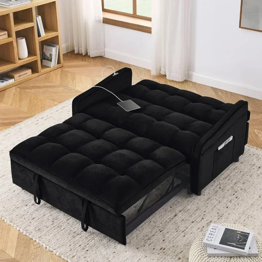 Convertible Sleeping Sofa Bed, Adjustable Backrest, Arm Pockets, USB Charging, Copper Spikes, Black, Sofa Bed with Pull-out Bed