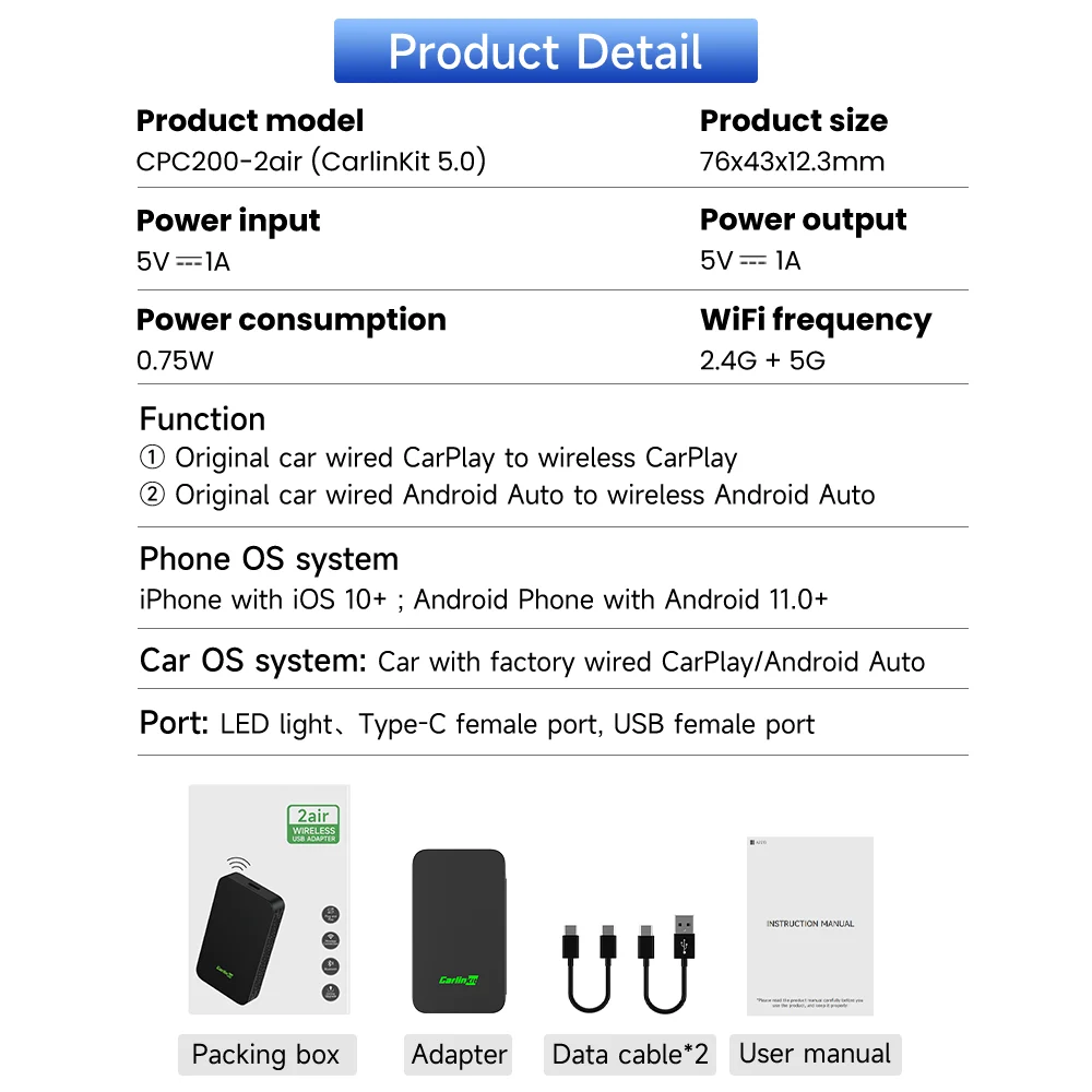 Carlinkit 5.0 2air Carplay Wireless Android auto Wireless Adapter for Toyota Mazda Ford Vw Peugeot Skoda Kia Haval Wifi BLE