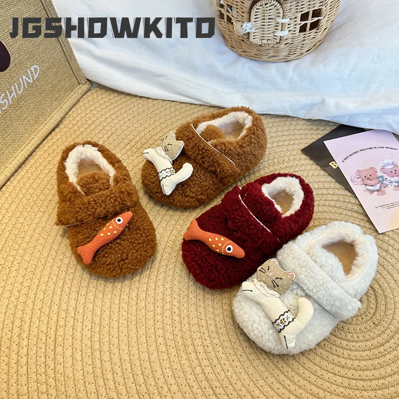 JGSHOWKITO Children Winter Flat Shoes Cute Cat Girls Outdoor Cotton Shoes Non-slip Warm Kids Walking Soft Flat Shoes Hook Loop