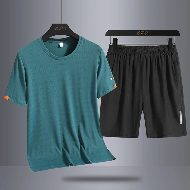 Men Ice Silk Mesh Quick Dry Tracksuit 2 Piece Set O-Neck Short Sleeve T Shirt Elastic Waist Sports Shorts Summer Breathable Runn