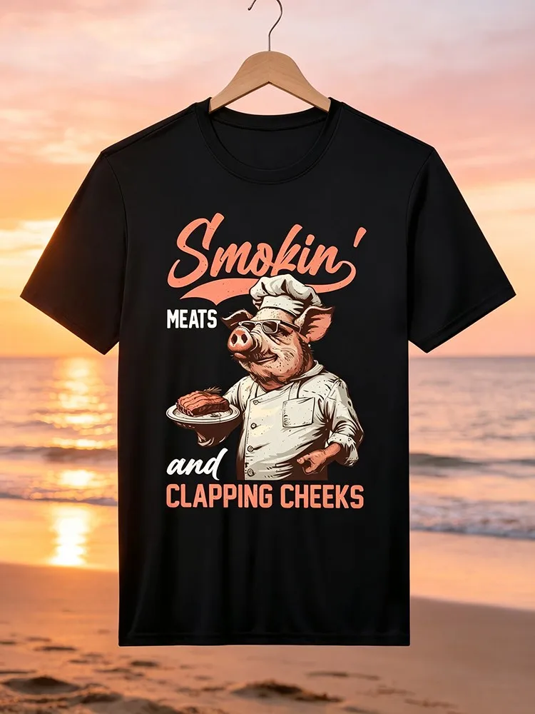 Smokin' Meats and Clapping Cheeks Barbeque Grill Performance TShirtRetro Casual Short-sleeved T-shirt with a Round Neck and Printed Pattern Suitable for Daily Commuting and Outdoor Activities Mac