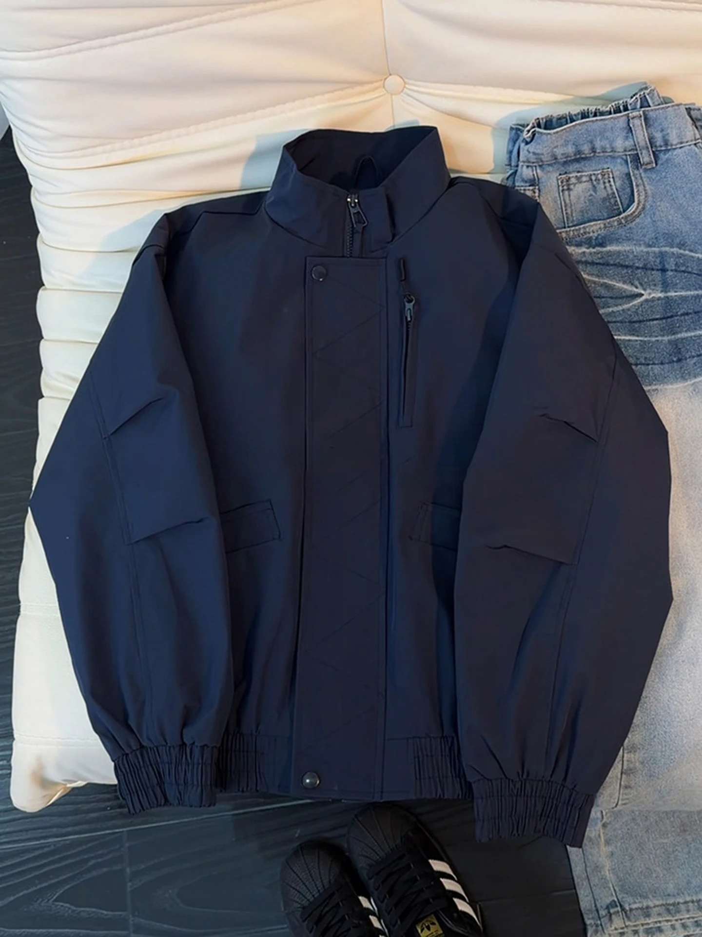 

ort American Sle Flight Jaet Men's Spring Autumn Qing Blue Tee-proof Baseball Coat Loose Fit Regular Sve Long Zipper