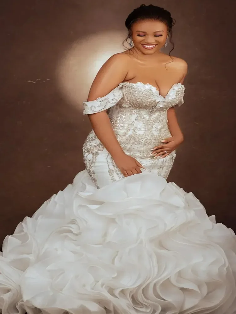 Customized Off the Shoulder Sparkly Crystals Beads Mermaid  Wedding Dress Robe De Mariée Cascading Ruffles Luxury   Bridal Gown