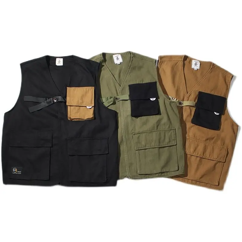 Men Japanese Retro Workwear Vest Color Block Multi Pocket Sleeveless Jacket Casual Utility Cargo Gilet Streetwear Outerwear For