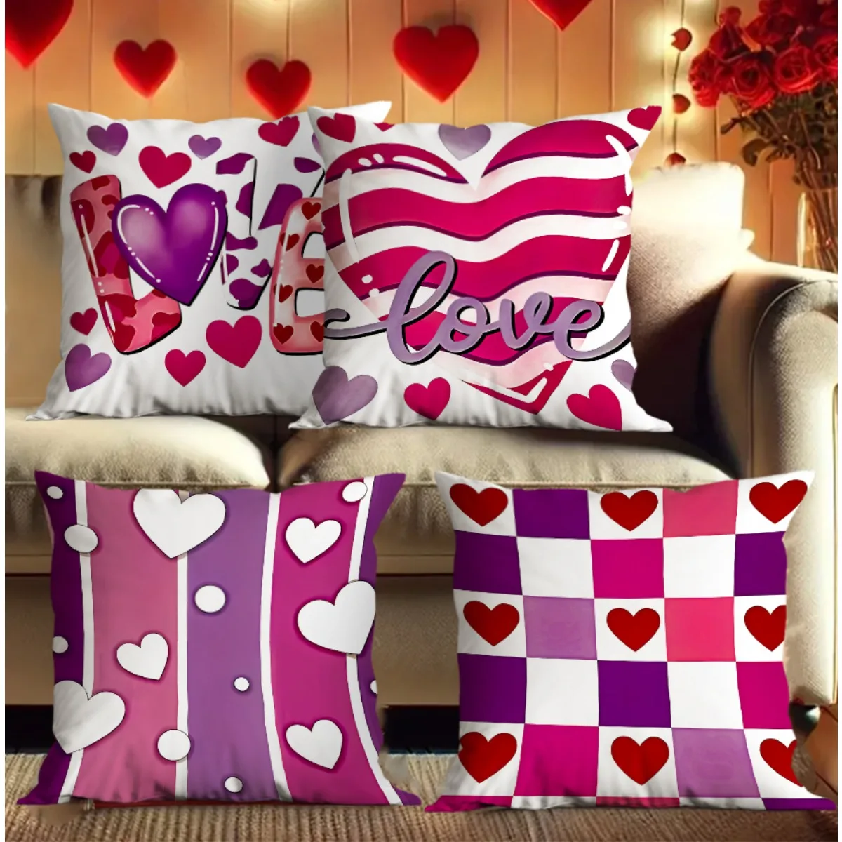 4pcs Love pattern design Single-sided printing Short plush Suitable for living rooms bedrooms sofas (excluding pillow cores)