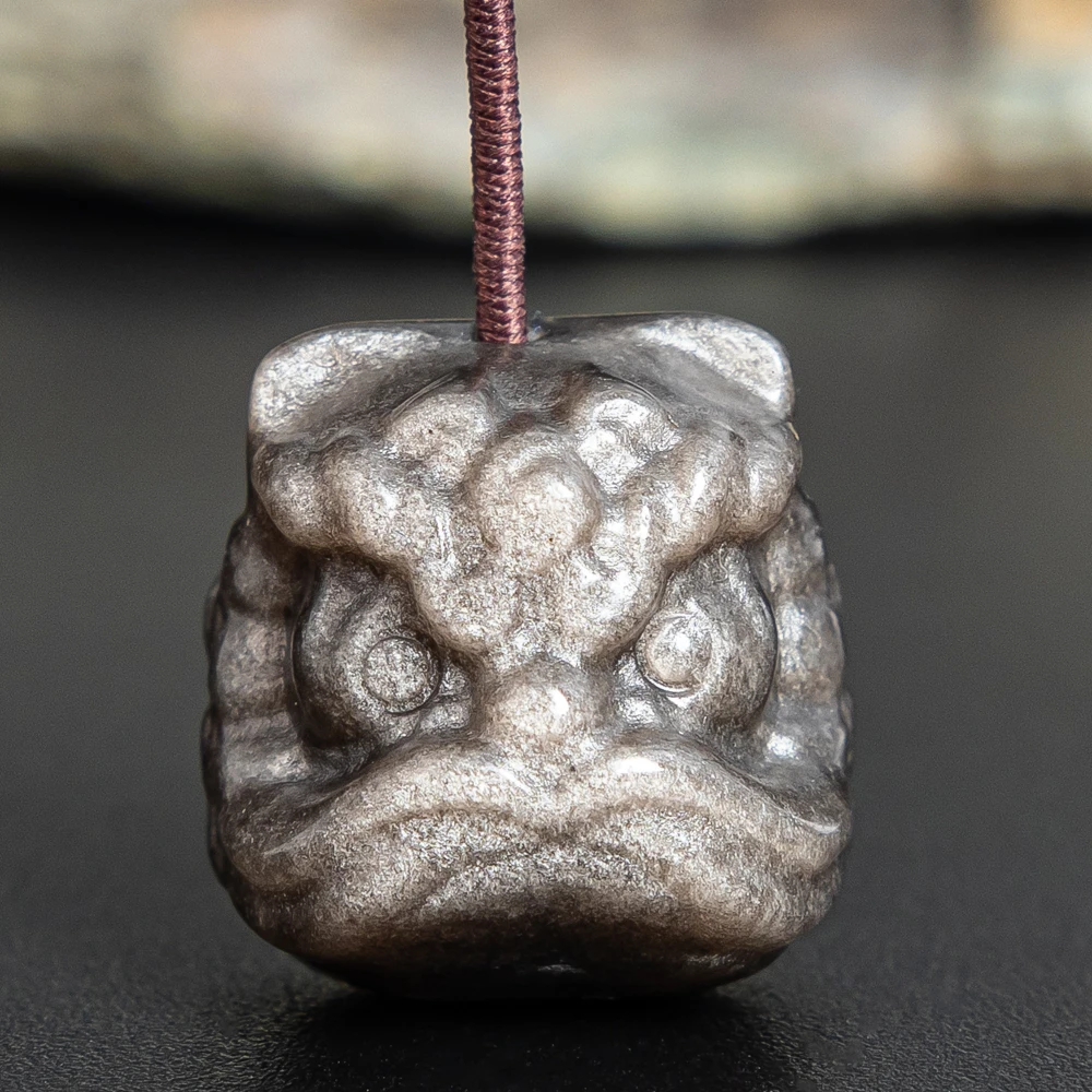 

Wholesale 5pcs Raw Style Shishi Carving Pendant Genuine Silver Obsidian Lion Dance Head Pendants for Jewelry Making 16x16mm