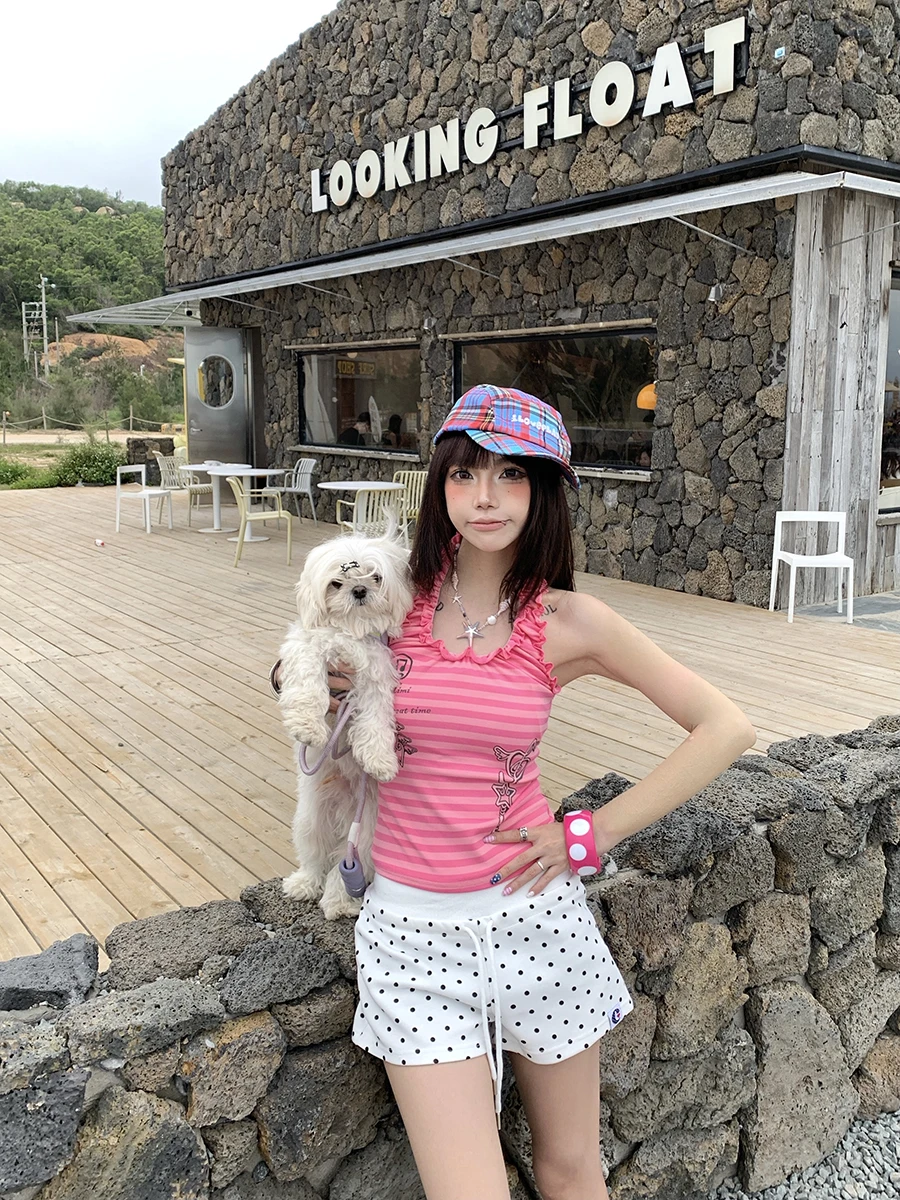 

Summer New Style Women's Printed Stripe Neck Hanging Strap Top Korean Spicy Short Trendy Street Style U-Neck Sleeveless Vest