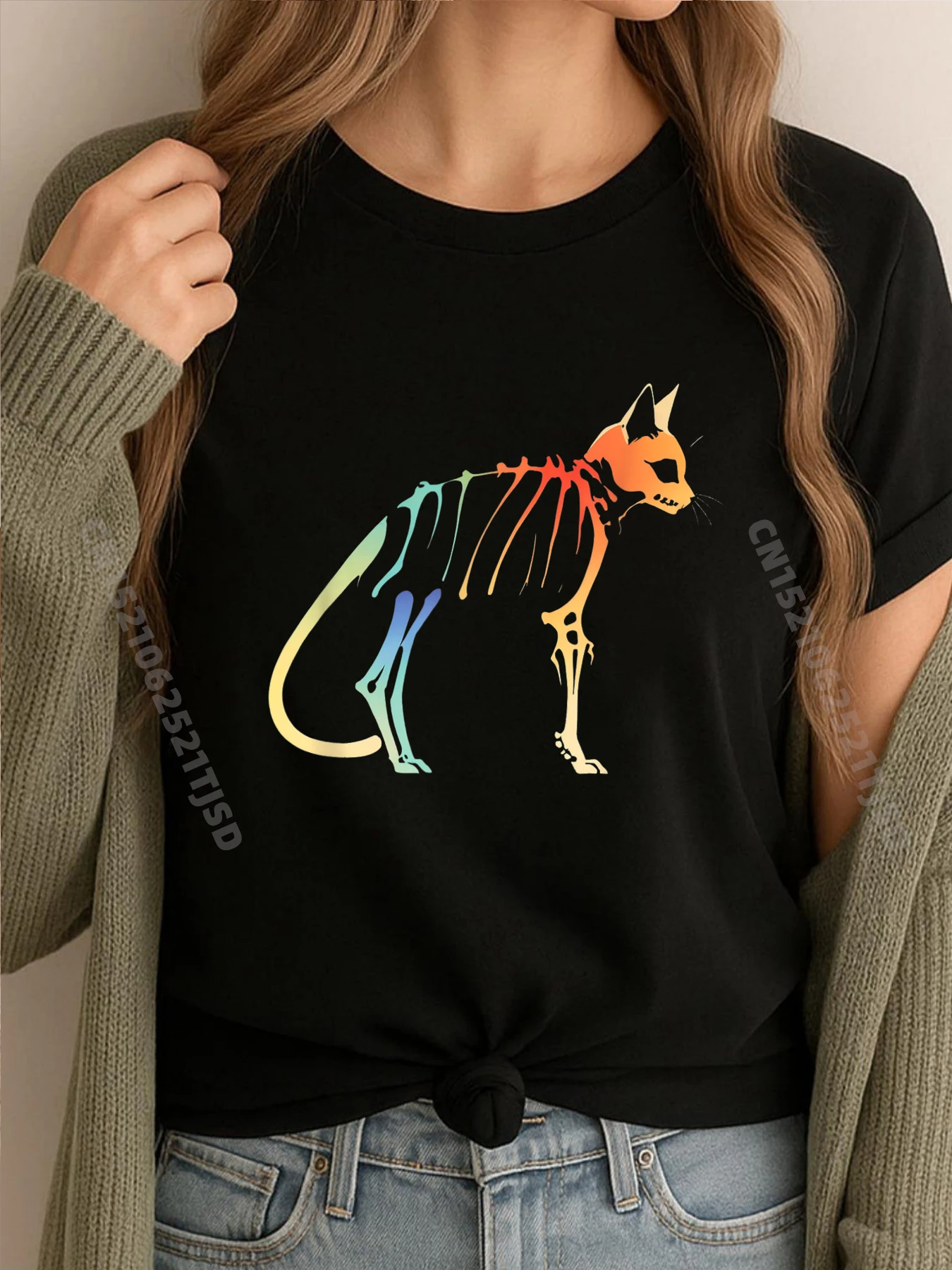 

Skeleton Cat Rainbow Vintage Halloween Costumes Woman Clothes Designer Clothes Woman Retro Washed Tshirt England Style