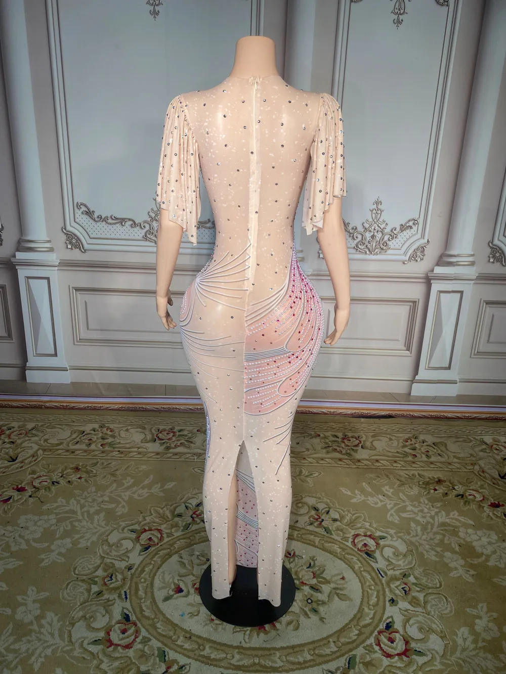 Customized New Sexy Lace Transparent Diamond Pearl Sequins Feather Water Diamond Wrap Hip Dress Long Dress Performance Dress