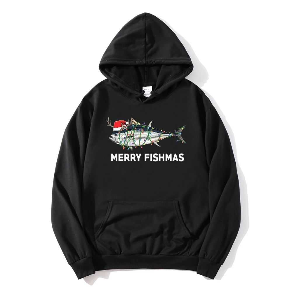 Christmas Fish Lights Hoodies Christmas Holiday Sweatshirt Fishing December Hoodie Streetwear Women Fisherman Sea Fishing L