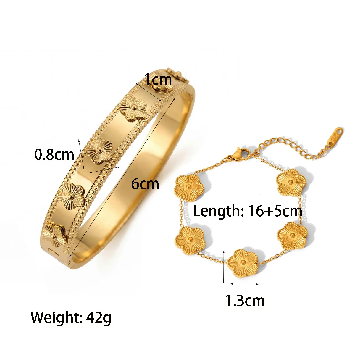 2-teiliges Edelstahl-Armband-Set mit 5-Blatt-Kleeblatt-Anhänger für Damen, Trendiges Wasserfestes Blumenketten-Armband, Schmuck, Partygeschenk – Detail 2