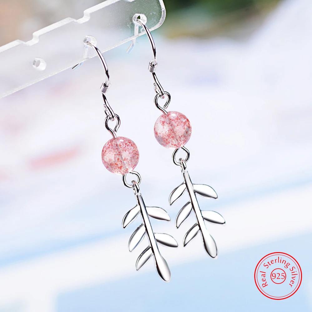 

Quality New Woman's Jewelry Fashion 925 Stelring Silver Strawberry Quartz Leaf Drop Earrings FQL25090