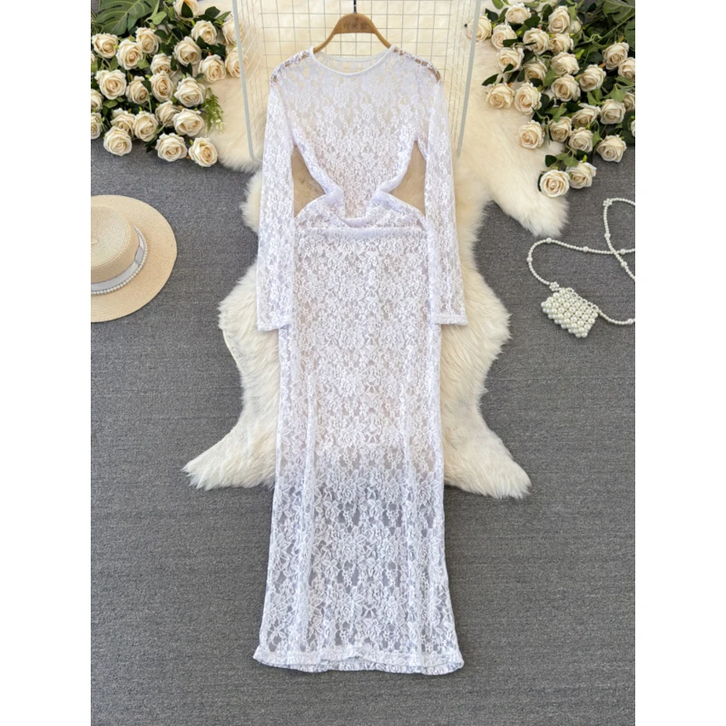 

Spring Autumn Women's Dress French Style Vintage Elegant Temperament Lace Tulle Fashion O-Neck Long Sleeve Ankle-Length Dresses