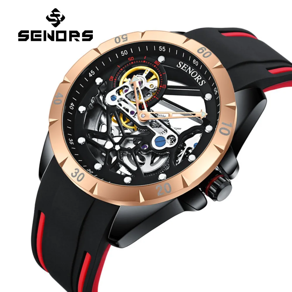 SENORS SN327 Men`s Watch Automatic Mechanical Watches Men Skeleton Tourbillon Sapphire Glass Clock Full Hollow Series Wristwatch