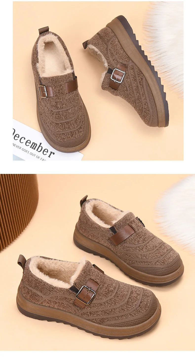Damen-Winter-Loafer mit Fleecefutter, warme Slipper aus Strickstoff, rutschfeste Freizeitschuhe mit Schnallenriemen und dicker Plattformsohle – Detail 17