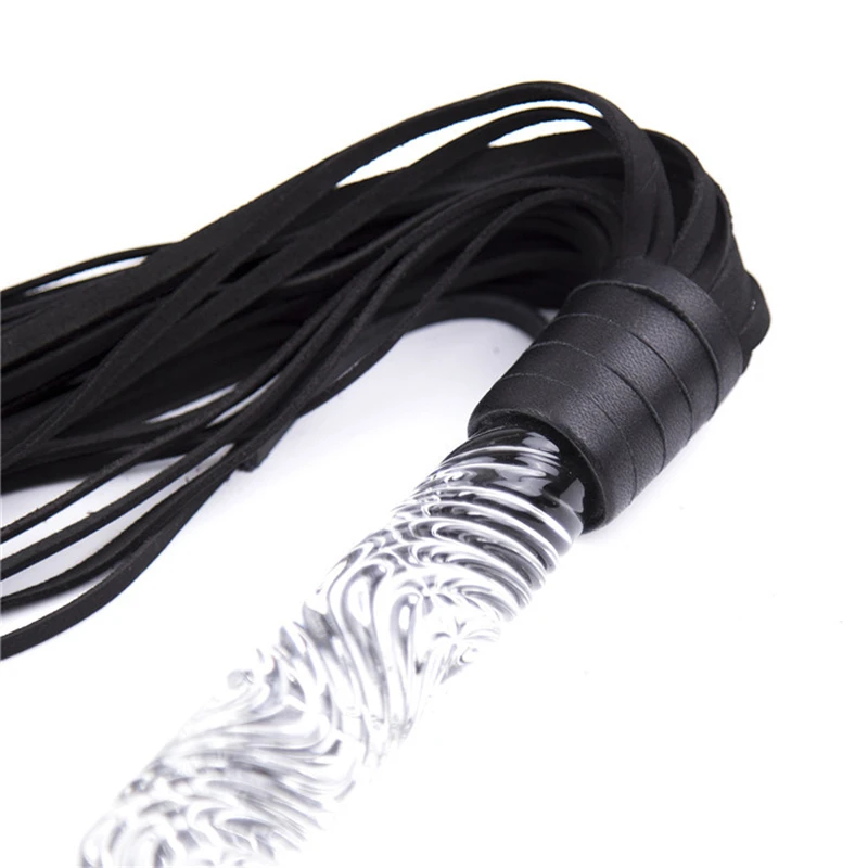 68.5CM Crystal Glass Handle Genuine Leather Riding Whip Black Riding Whip for Games Whip Leather Riding Crop